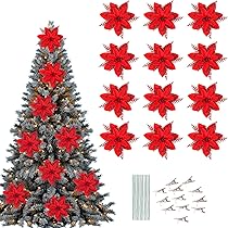 Lot De 12 Poinsettias Artificiels à Paillettes Avec Clips - Décorations De Noël, Couronnes, Fêtes