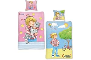 ‎SKYBRANDS Conni Bettwäsche 135x200 80x80 Kissen-Bezug [mit extra Beutel] 100% Baumwolle Bettbezug mit Reißverschluss | Kinder-Bettwäsche Mädchen Conni und Kater Mau Conni Geschenk ÖKO TEX Standard