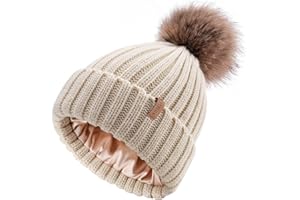 FURTALK Beanie Hats Women Satin Lined Knitted Hat Detachable Pompom Soft Feel Winter Hat Breathable for Girls