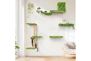 FUKUMARU Półki ścienne dla kotów, stabilne i bezpieczne, 4 w 1, duży zestaw mebli dla kotów, drewniane, wspinaczkowe, z drapakiem, mostkiem i legowiskiem, stylowe, siłownia, na karton-gips, zielone