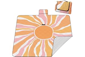 LAIMAIMI Picknickdecke XXL 200x200 cm – extra groß, wasserdicht & waschbar, isoliert mit Alubeschichtung, orange Sunburst Design, faltbar mit Tragetasche – für Strand, Park & Garten