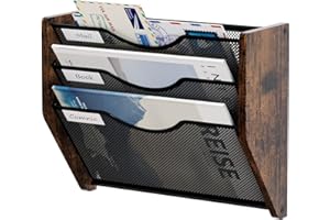Senhoglb Mesh Hanging Wall File Organizer, 3-Tier File Holder Wall Mounted Magazine Rack With Pockets Wood Document Storage Mail Organizer for Office Home, Antique Brown