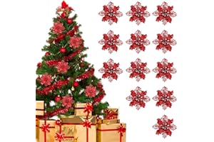 FINDIR 12 Pezzi Fiori di Natale Rossi Fiori Artificiali Natalizi Stelle di Natale Decorazioni Natalizie Natale Glitter Poinsettia Fiori di Natale Artificiali per Albero di Natale