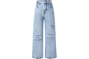 FEOYA Jeans Déchiré Ado Fille Pantalon Cargo Baggy Large Enfant Jean Taille Élastique