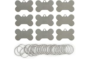 STAYMAX Targhette vuote per cani a forma di osso, in acciaio inox, con portachiavi, confezione da 25