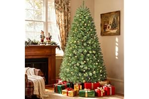 SHareconn 7ft Pre Lit Christmas Tree, Artificial Christmas Tree with 320 LED Warm White Lights, 8 Light Modes, Foldable Metal Stand, Easy-to-Assemble Indoor or Outdoor Christmas Tree, 7FT