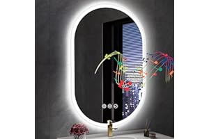 S'bagno Oval Bluetooth Bathroom Mirror with LED Lights 600x900mm, Anti-Fog, LED Bathroom Mirror with Memory, 3000K-6500K, Dimmable, HD Tempered Glass, IP44 Waterproof, Horizontal or Vertical