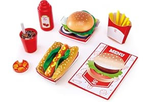 Hape E3160, Hot Fast Food Wooden Diner Take-Aways Toy Set, Classic American Meal for Pretend Play Includes Burger, Chips, Hotdogs and Soft Drink, Colourful, Coloré