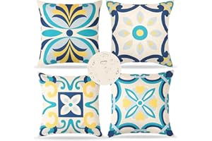 Dremisland Lot de 4 Coussin Exterieur Impermeable 45 X 45 cm Housse de Coussin Imprimées Florales Bleue Coussins de Jardin Boho Coussins Décoratifs Taie d'oreiller pour Balcon Salon Terrasse Jardin