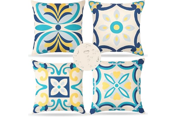 Dremisland Lot de 4 Coussin Exterieur Impermeable 45 X 45 cm Housse de Coussin Imprimées Florales Bleue Coussins de Jardin Boho Coussins Décoratifs Taie d'oreiller pour Balcon Salon Terrasse Jardin