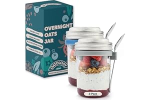 OATOLOGY Glass Overnight Oats Jar Glass Container with Lid | Overnight Oats Container Breakfast Pots Mason Jars Containers with Spoon Over Night Chia Pudding Granola Yoghurt Porridge Pot Lids | 2 pack