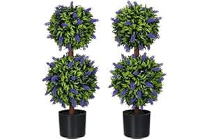 HOMCOM Set of 2 Decorative Artificial Plants Ball Trees with Lavender Flowers in Pot Fake Plants for Home Indoor Outdoor Decor, 70cm, Green