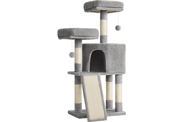 Feandrea Arbre à Chat, Tour poteaux à gratter 115 cm, Gris Clair PCT141W01