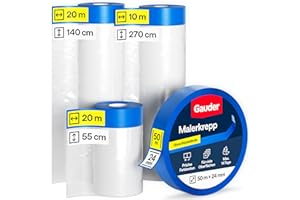 GAUDER 50 Meter Abdeckfolien-Set mit Klebeband (55 + 140 + 270 cm) und Malerkrepp (24 mm x 50 m) - 66 m² Malerfolie mit Klebeband - Set Malerband Abklebefolie perfekt für Fenster, Türen und Schalter