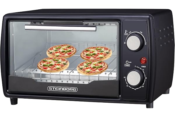 Miniugn 1 000 W 10 liter med spis och galler pizzaugn 90-230 °C 60 minuters timer fällbart smulplatta