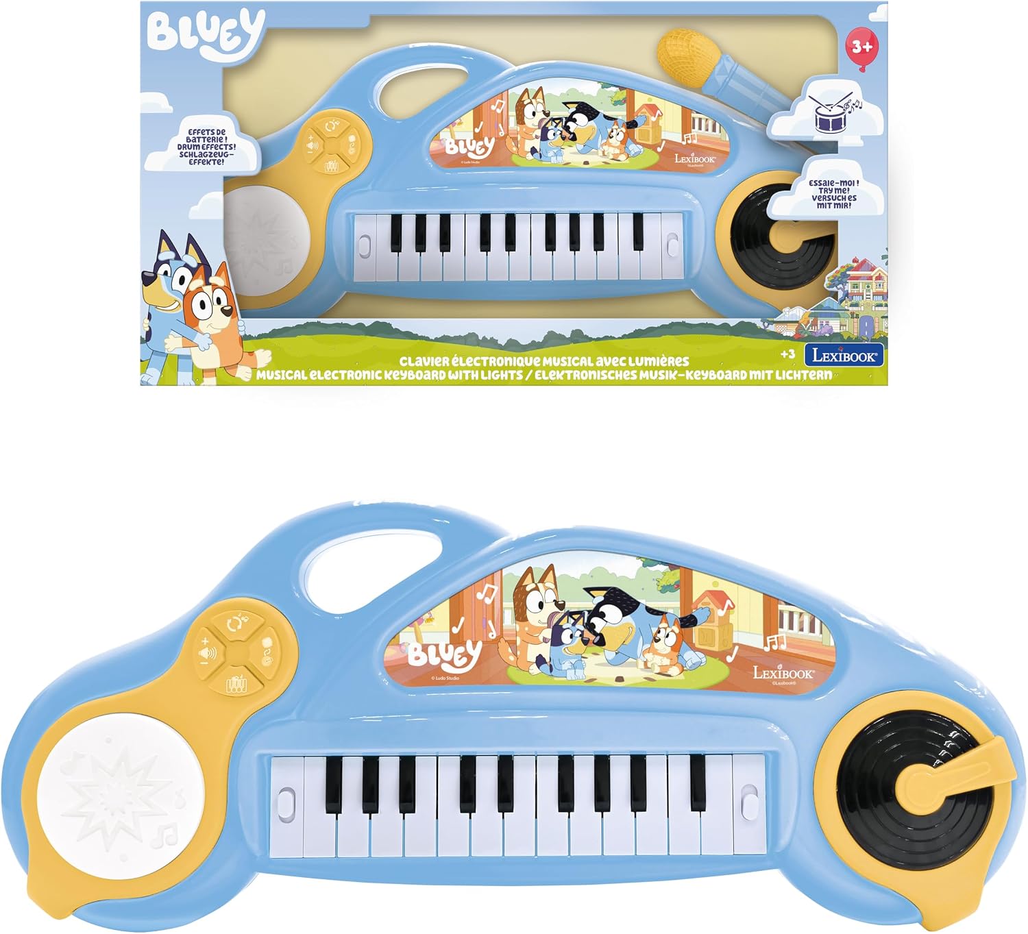 LEXIBOOK, Bluey, Piano electrónico para niños con Efectos Luminosos, Azul y Amarillo, K704BY