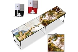 RedCupShop® Beer Pong Tisch „Schaffung des Bieres“ inkl. 50 Becher & 8 Bälle | Klappbarer & tragbarer Bierpongtisch | Turniergröße 240x60x70 cm | Wasserabweisend, Kratzfest & sofort spielbereit