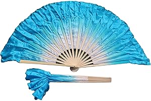 Winged Sirenny Pairs Short Silk Flutter Folding Fan for Worship and Chinese Folk Dance Performance, 4" Silk over 12" Bamboo (white-turquoise)