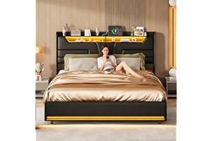 BRYXR Polsterbett 140x200 cm mit LED-Beleuchtung & USB-Ladeanschlüssen,Komfortables Doppelbett mit Hydraulischem Stauraum, Stabiler Lattenrost, Ohne Matratze, Schwarz-PU