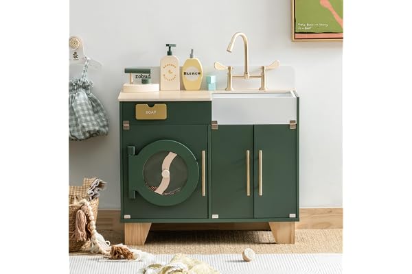 Robud Cuisine Enfant en Bois Accessoires - Machine a Laver Enfant Jouet - De Cuisine pour Enfants - Jeu De Rôle en Bois - avec Accessoires - Cadeau pour Enfants