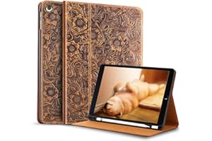 Gexmil Leder Hülle für iPad 10,2 Zoll 9./8./7. Generation 2021/2020/2019 Echt Leder Cover mit Stylus Halter Stoßfest rutschfest,Automatischer Schlaf/Aufwachen,Einstellbarer Ständer,Blume Braun