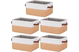 SOALSUIS 5 Pack Foldable Storage Bins with Handles, Natural Canvas Fabric Box Organizer for Shelves, Ideal for Clothes, Toys, Home Office Supplies (30x20x15cm)