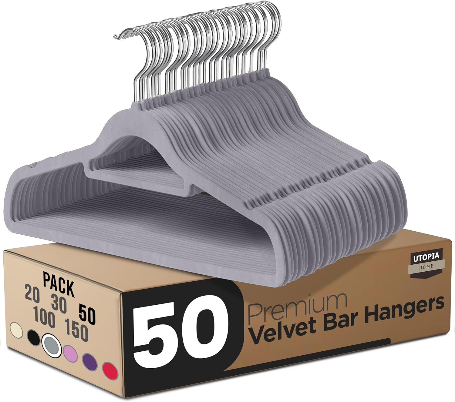 Utopia Home Perchas de Terciopelo - Perchas para Trajes de Terciopelo con Tie Bar - Antideslizantes (Gris, Paquete de 50)