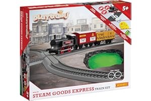 Hornby R9361M Playtrains Steam Goods Express Train Set - Kids Toy Trains for Ages 5+, Remote Controlled USB Rechargeable Locomotive with 2 Wagons, Track & Infrared Controller, Children's Train Sets
