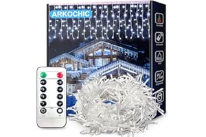 ARKOCHIC 10M Luci Natale Esterno Cascata, 400 LED Tenda Luminosa Bianco Caldo, Luci Natalizie da Esterno con Telecomando, 8 Modalità, Luci Decorazione Natale per Feste, Finestra, Balcone