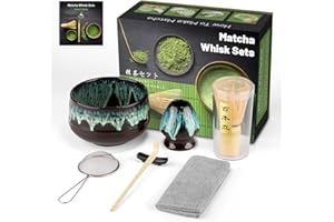 GUIGA Set di 7 Pezzi Matcha Kit,Set Accessori Cerimonia Tè Matcha,Portafrusta,L'Insieme Perfetto per Preparare Tè Matcha (Sand-Gold)