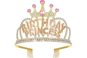 AHQIZFX Birthday Crown for Women, Rose Gold Birthday Princess Crown with Combs Girls Rhinestone Tiara Headband Happy Party Favors Decorations Happy Birthdays Accessories Pink