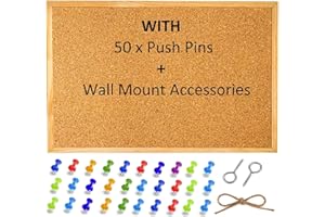 RSE Large Cork Pin Notice Board Bulletin Vision Boards For Home Bedroom offices Memo Message Pictures Planner Display Organiser Wood Frame Corkboard - Wall Mount Screws And 50 Push Pins - 600 x 400 mm