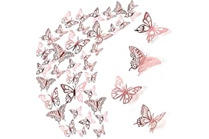 FYGUARD 48 Stück 3D Schmetterlinge Deko, Schmetterling Wandaufkleber Butterfly Aufkleber Rosa Deko Schmetterlinge für Wohnzimmer Kinderzimmer Weihnachten Hochzeit Party Wanddeko Tischdeko (Roségold)
