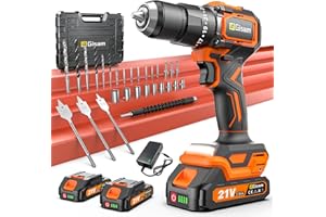 GISAM Taladro a Batería 21V, Kit Taladro Inalámbrico Con 2 Baterías, Motor Brushless 1200W 75Nm, 25+3 Niveles, Mandril 13mm, 2 Velocidades, Gran LED, 29 Accesorios Para Hogar & DIY de Jardín