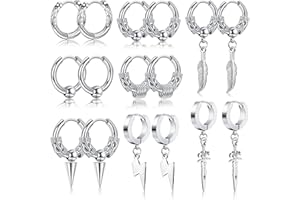 JeweBella 8 Pairs Mens Earrings Stainless Steel Black/Silver Stud Earrings Zirconia Earrings Set Vintage Hoop Earrings Pendant Feather Lightning Hypoallergenic Punk Piercing Cartilage Earrings for Men