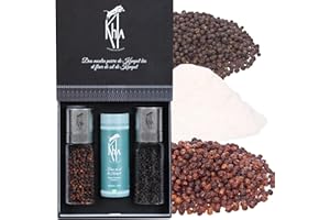 Khla - Set de Pimientas y Sal de Kampot - Molinillos de Pimienta Negra Orgánica, Pimienta Roja y Fleur de Sel - Rara & Grands Crus - Set Regalo con Molinillos Recargables - Origen Camboya