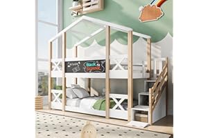 HESHU Hausbett Kinderbett mit Ecktreppe und Fallschutz, Etagenbett mit Treppe 2 Kinder 90 x 200cm, Hochbett für Kinder, 2X Lattenrost, Stockbett Jugendbett