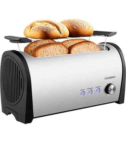 TZS First Austria – RVS Langsleuf Broodrooster 4 sneetjes – Inclusief broodjeshouder & Kruimellade – 6 Toastbruiningsniveaus met Ontdooifunctie – 1500W – Zwart Matt