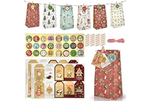 GANYESIN Calendrier de l'Avent à Remplir, Calendrier de l'Avent DIY, Magnifique Décoration Noël avec 24 Sacs en Papier Kraft de l'Avent avec Numérique Autocollants (Multicolore (Corde colorée))
