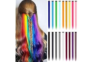 Beautyshow Kolorowe treski do włosów, 18 sztuk, przedłużki z klipsami, 55 cm, tęczowa peruka, do salonu fryzjerskiego, syntetyczne włosy, klips dla dzieci, dziewcząt, kobiet, na cosplay (proste)