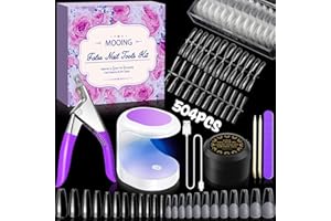 MOOING Kit de Uñas Postizas Transparentes de Resina, 504 Tips, Kit Manicura Con Pegamento, 11 en 1, Mini Lámpara Semipermanente Para Principiantes