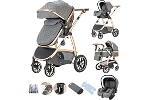 Kakbgee - Cochecito combinado 3 en 1, cochecitos con asiento de coche ECE R129, cochecito de paseo ajustable en altura, capazo flexible convertible marco de aluminio para recién nacidos 0-4 años