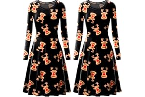 Love My Fashions® 2 Pack Christmas Dresses for Women UK Reindeer & Snowman Novelty Print Swing Skater Style Novelty Xmas Party Costume Tops