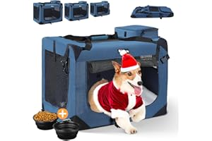 Reerooh Hundebox L 70x52x52cm, Faltbar Hundetransportbox Inkl.Hundenapf, Tragbare Hundetasche für Reisen, Hunde und Katzen Auto Haustiertransportbox (Dunkelblau, L)