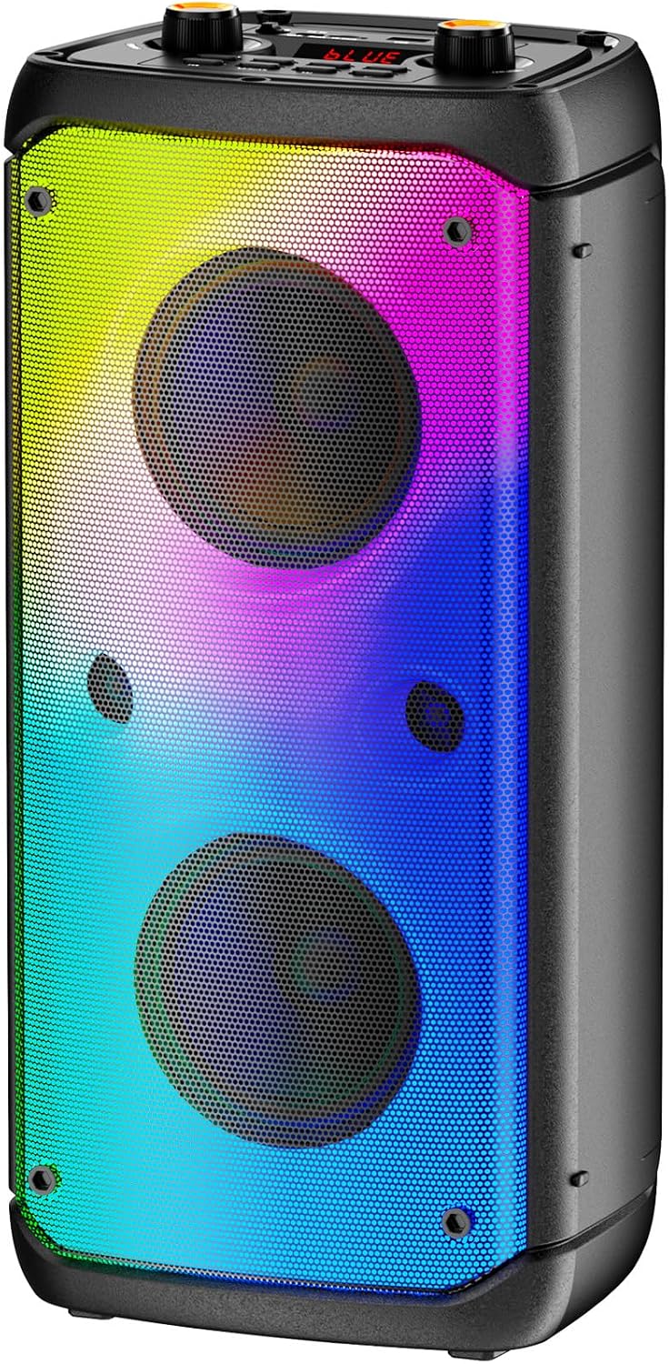 Altavoz Bluetooth, altavoces para exteriores con potencia máxima de 80 W, Bluetooth inalámbrico, altavoces portátiles TWS para fiestas con subwoofer, graves profundos, luces LED de colores (Negro)