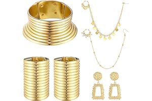 JeweBella 6PCS Collier National Africain Bijoux Femmes Egypte Colliers Or Africain Chunky Déclaration Ras du Cou Réglable Large Bracelet Anneaux de Nez Hoop Chaîne Boucles d'oreilles Ensembles