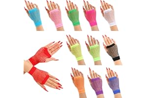 Koeydxst 12 Pairs Short Fingerless Fishnet Gloves, Neon Party Gloves 80s Retro Fancy Dress Accessory for Kids Girls Dance Disco Costume Parties Supplies Accessories
