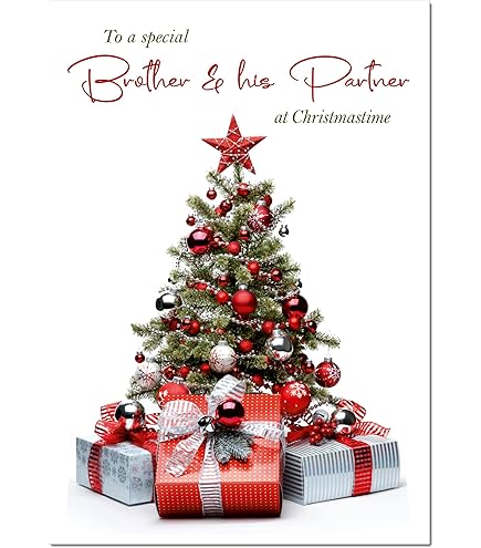 IC&G Christmas Card For Brother & His Partner - Festive Tree & Presents - Foil Finish - Premium Quality Special Christmas Greeting Card With Envelope