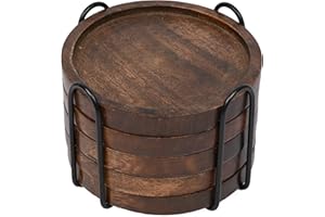 SAMHITA Mangoholz Untersetzer für Getränke mit Eisenhalter Ständer 5er Set für Trinkgläser Tischschutz für jeden Tischtyp