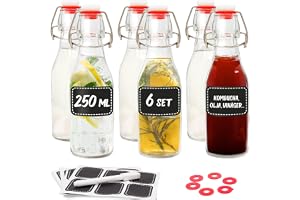 6 Glasflaskor med Svängbar propp 250 ml - 6 extra förseglingar inkl. 12 etiketter med stift